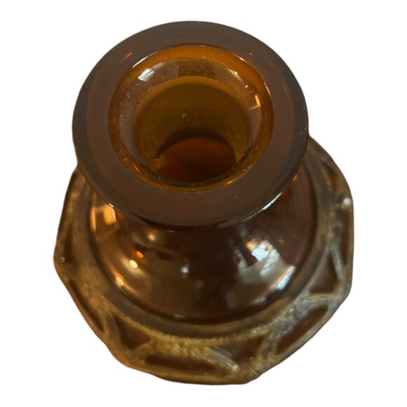 Amber Decanter, Vase Skinny Neck Round Bottom, Metal Accent Ring 7" Tall Stopper - Picture 7 of 9